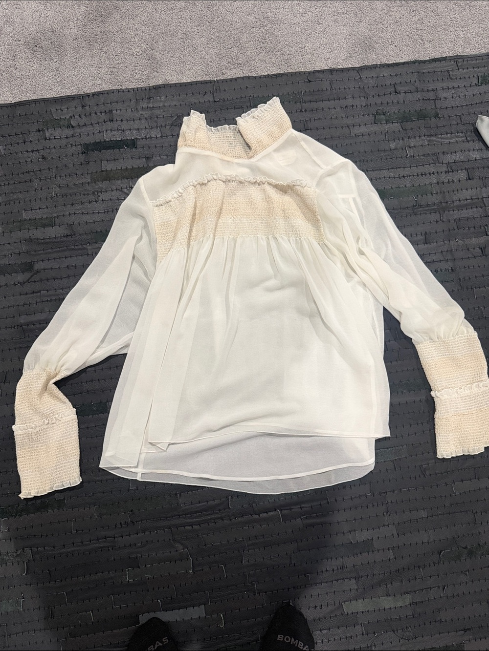 See By Chloe Cream Sheer Smocked High-Neck Blouse